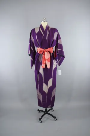 1930s Vintage Silk Kimono Robe in Purple & Grey Ikat Meisen