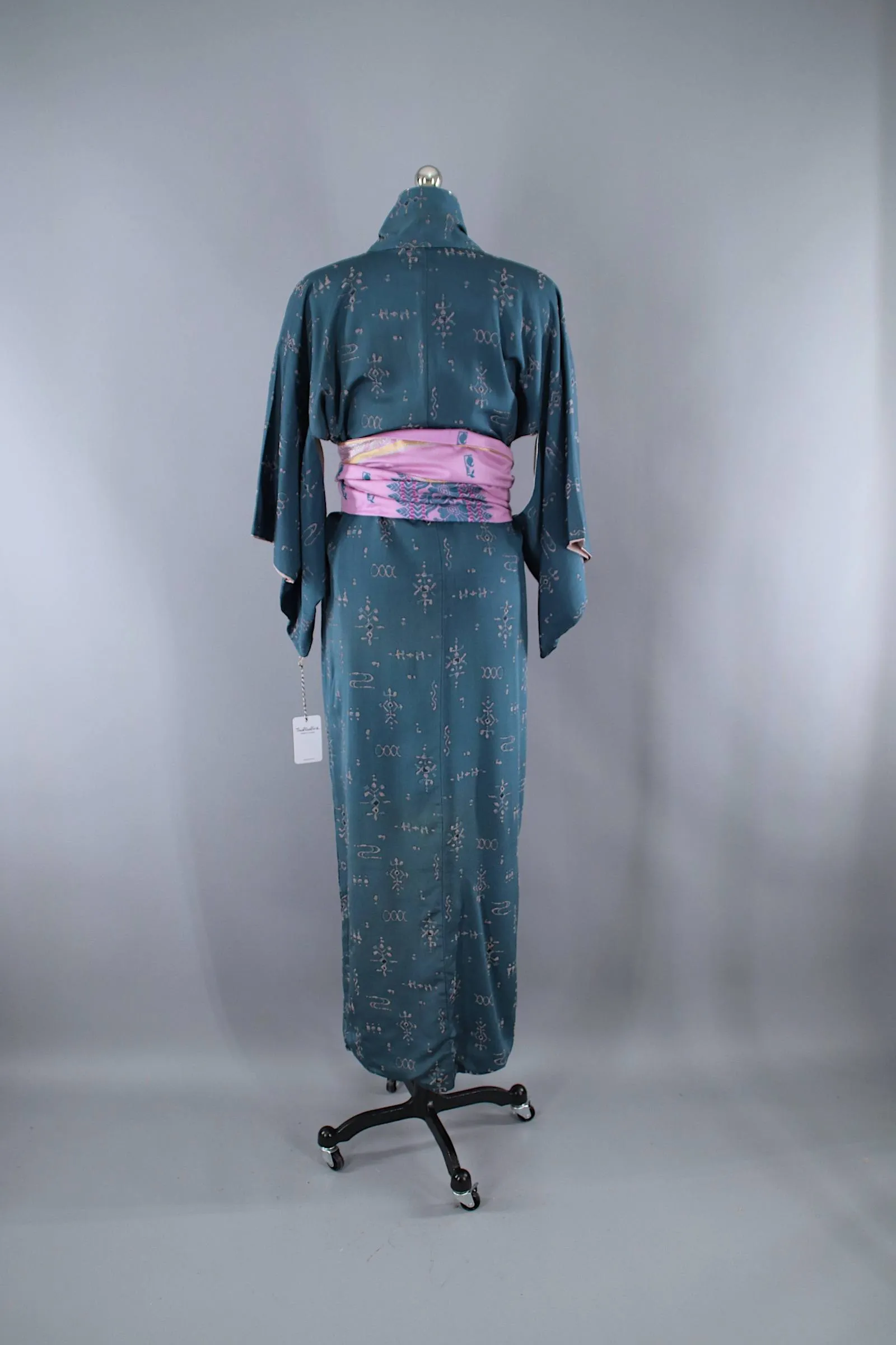 1940s Vintage Silk Kimono Robe / Teal Blue Floral