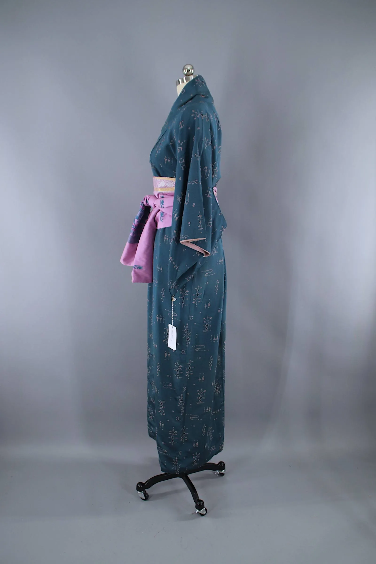 1940s Vintage Silk Kimono Robe / Teal Blue Floral