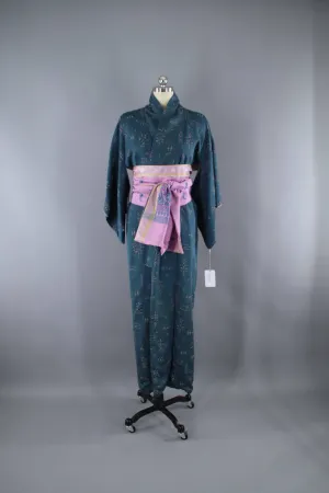 1940s Vintage Silk Kimono Robe / Teal Blue Floral