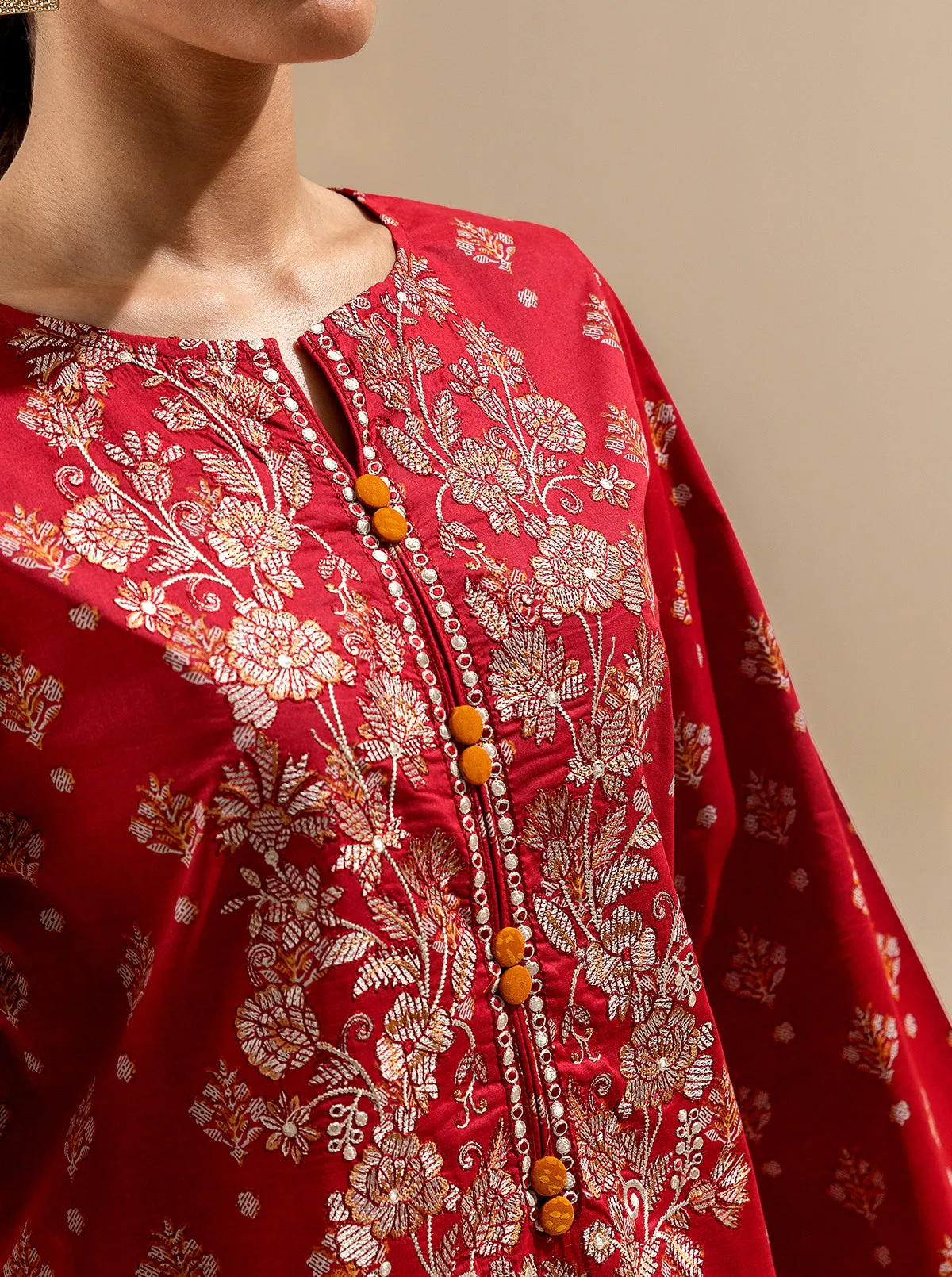 3 PIECE EMBROIDERED LAWN SUIT-BRIGHT POPPY