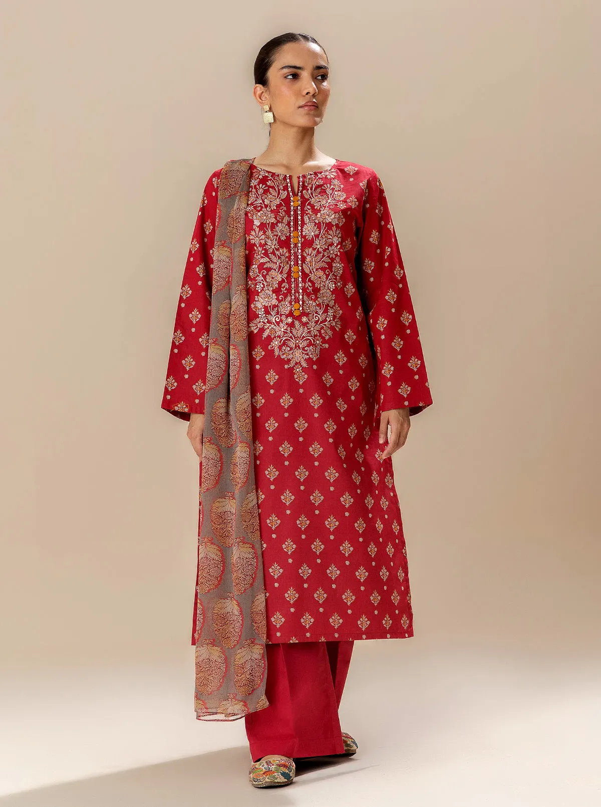 3 PIECE EMBROIDERED LAWN SUIT-BRIGHT POPPY