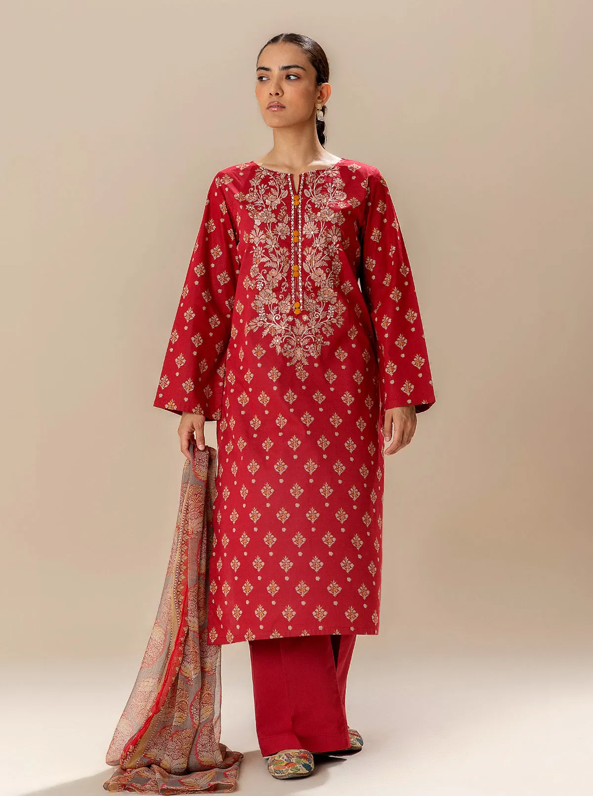 3 PIECE EMBROIDERED LAWN SUIT-BRIGHT POPPY