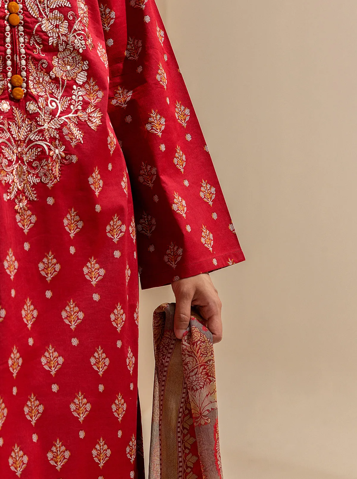 3 PIECE EMBROIDERED LAWN SUIT-BRIGHT POPPY