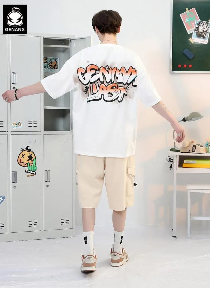 Cartoon Label Gradient Graffiti Letter Print T-Shirt