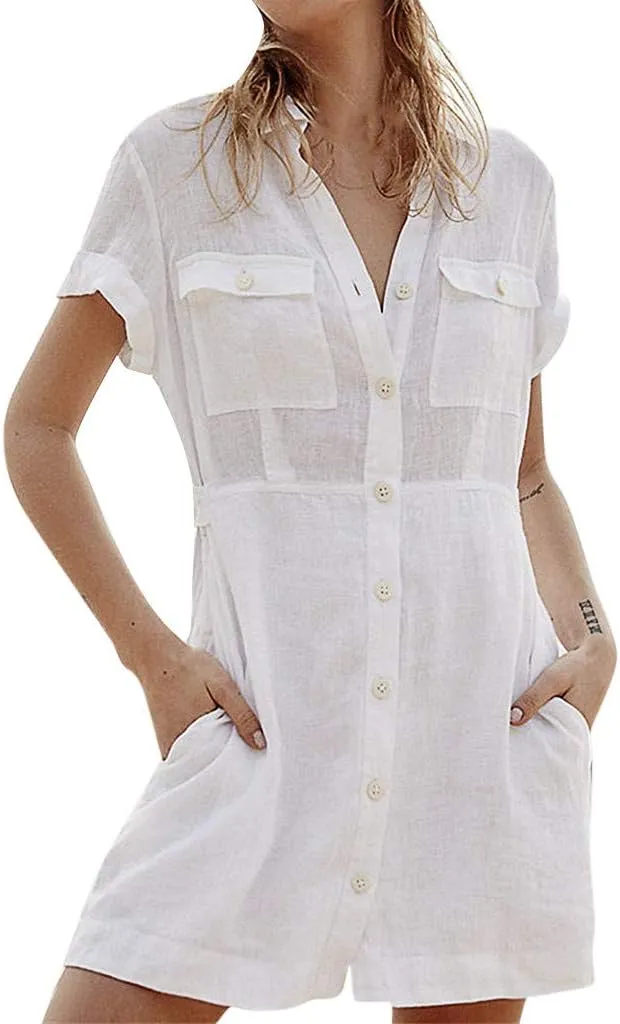 Fashion Women Beach Mini Dresses, Lapel Pure Color with Pockets Short Sleeve Flare Shirt Dress