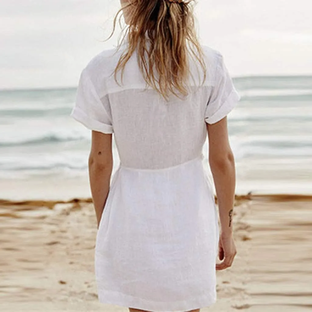 Fashion Women Beach Mini Dresses, Lapel Pure Color with Pockets Short Sleeve Flare Shirt Dress