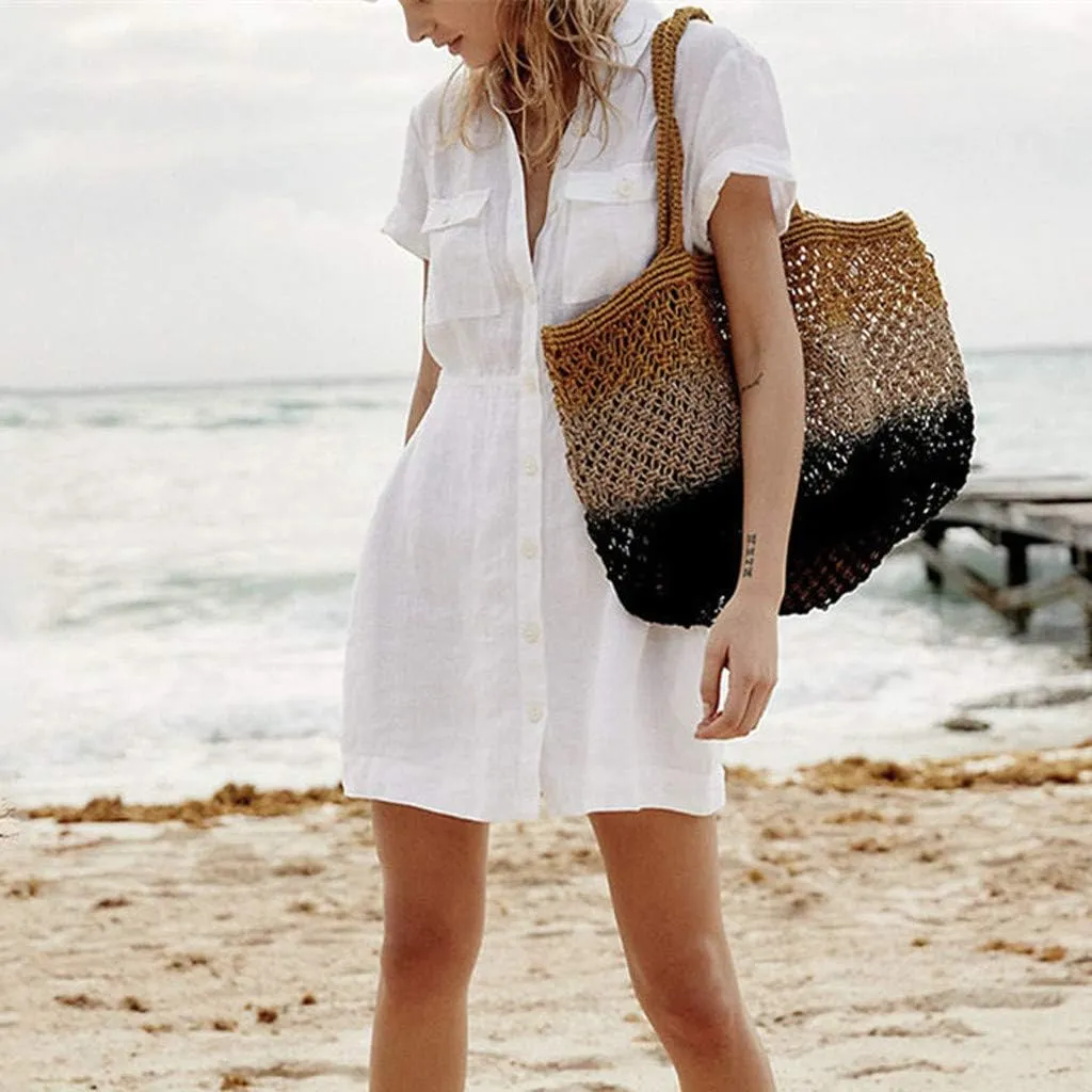 Fashion Women Beach Mini Dresses, Lapel Pure Color with Pockets Short Sleeve Flare Shirt Dress