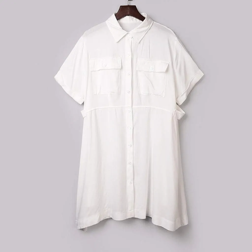 Fashion Women Beach Mini Dresses, Lapel Pure Color with Pockets Short Sleeve Flare Shirt Dress