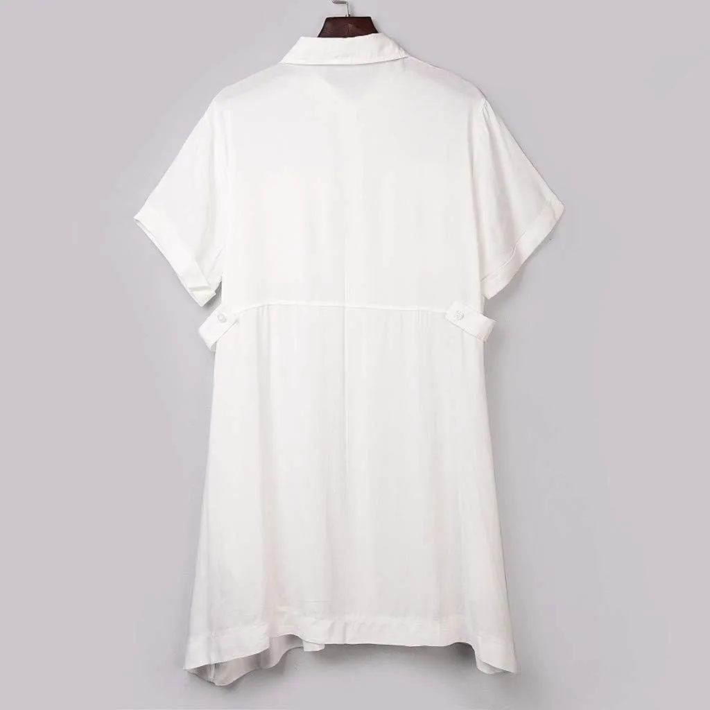 Fashion Women Beach Mini Dresses, Lapel Pure Color with Pockets Short Sleeve Flare Shirt Dress