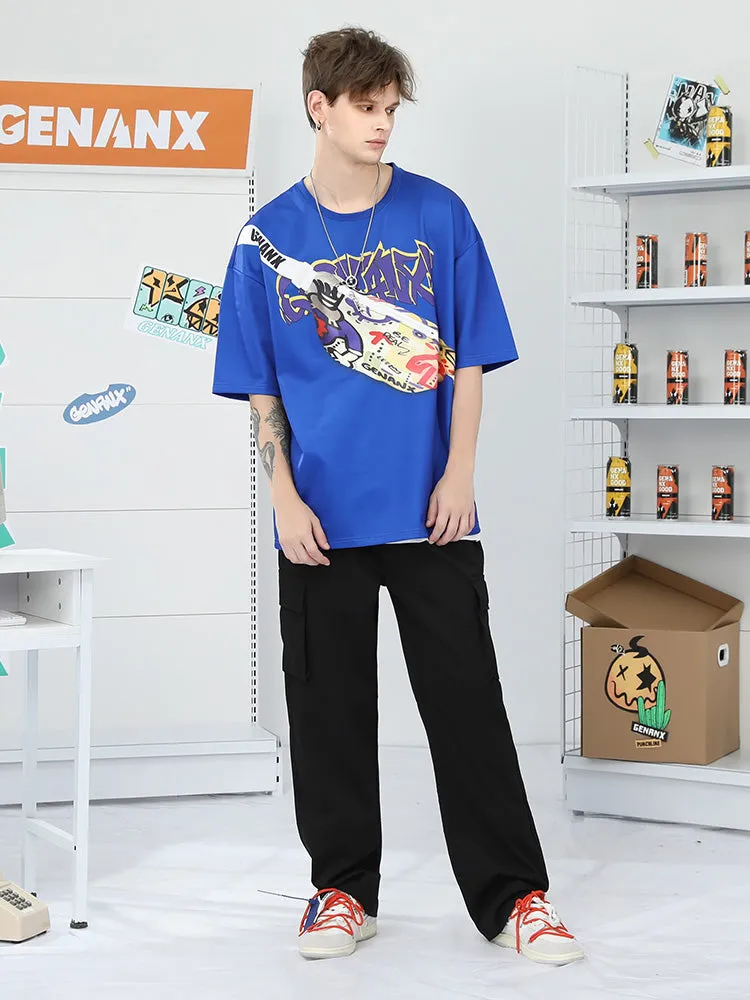Fun Chest Bag English Print Space cotton sleeved round neck T-shirt