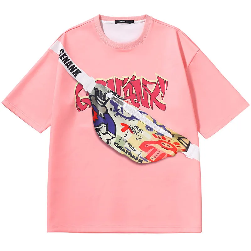 Fun Chest Bag English Print Space cotton sleeved round neck T-shirt