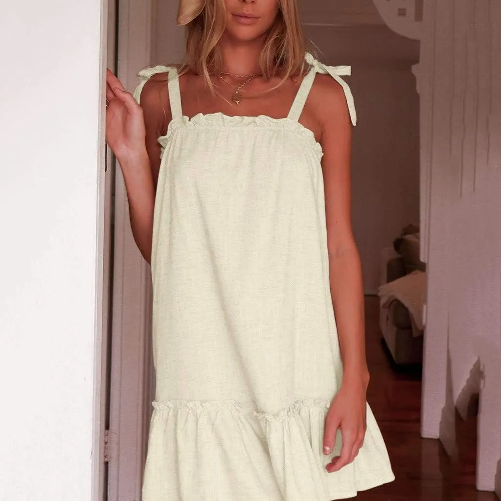 HHmei Women's Sleeveless Casual Solid Off-Shoulder Short Sleeve Bow Printing Princess Mini Dress