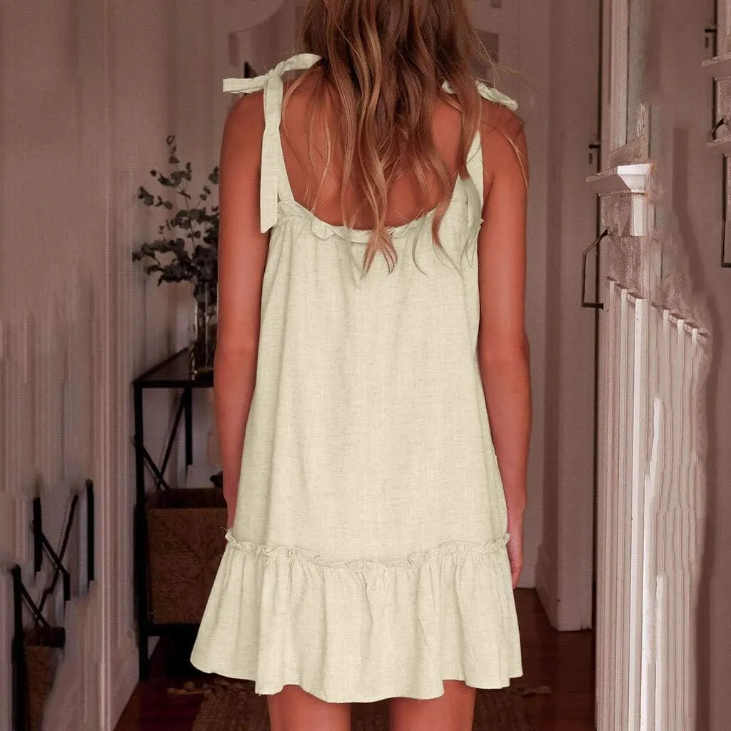 HHmei Women's Sleeveless Casual Solid Off-Shoulder Short Sleeve Bow Printing Princess Mini Dress