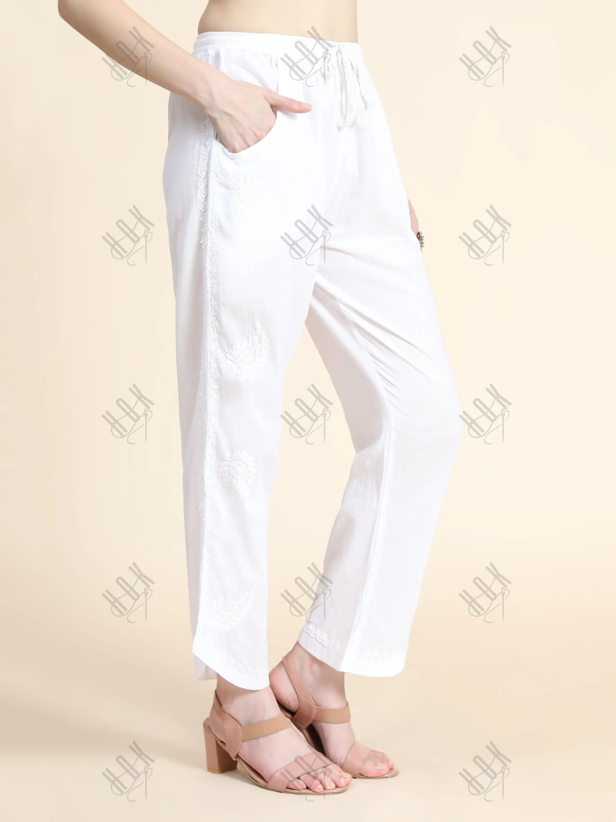 House Of Kari Chikankari Embroidered Cotton White Relaxed Pants Trousers-2