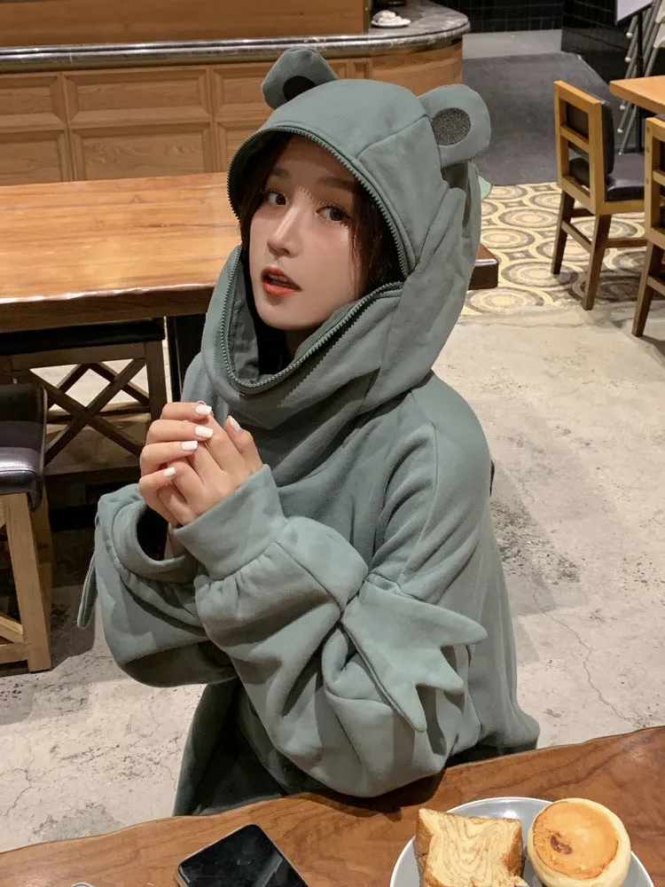 Mid-Length Trendy Green Sweatshirt Thick Adorable Women Teens Loose Lazy Tops Outerwear