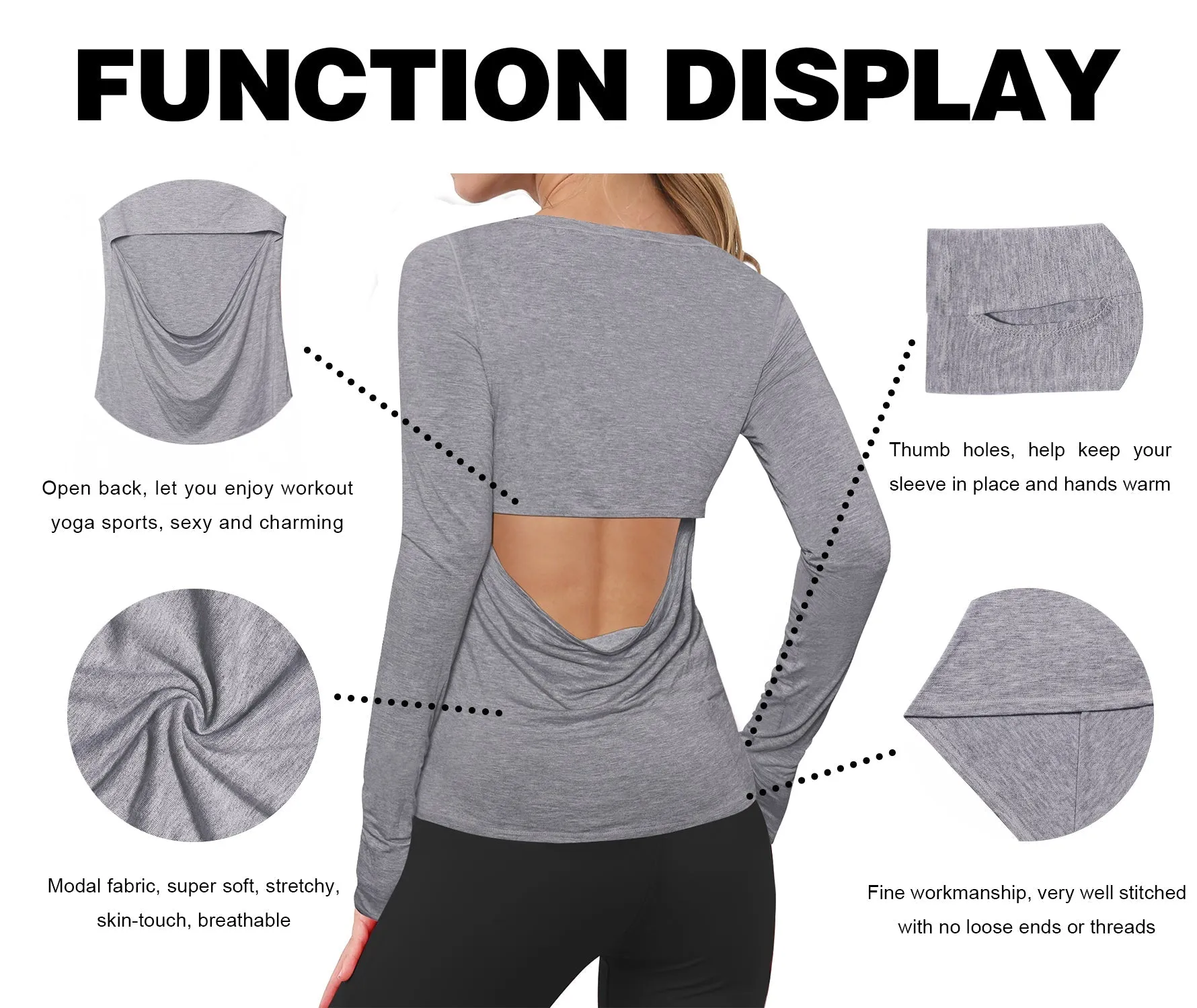 Open Back Long Sleeve Tops heathergray_Pilates