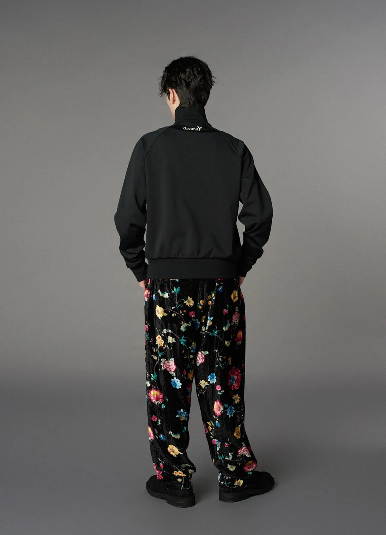 RAYON VELVET PRINT CHINESE FLOWER WAIST DRAWSTRING PANTS