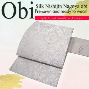 Silk Nishijin Nagoya Obi ,Light Gray-White with Floral Sarasa