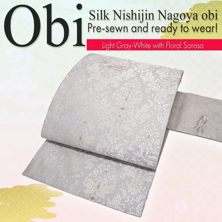 Silk Nishijin Nagoya Obi ,Light Gray-White with Floral Sarasa