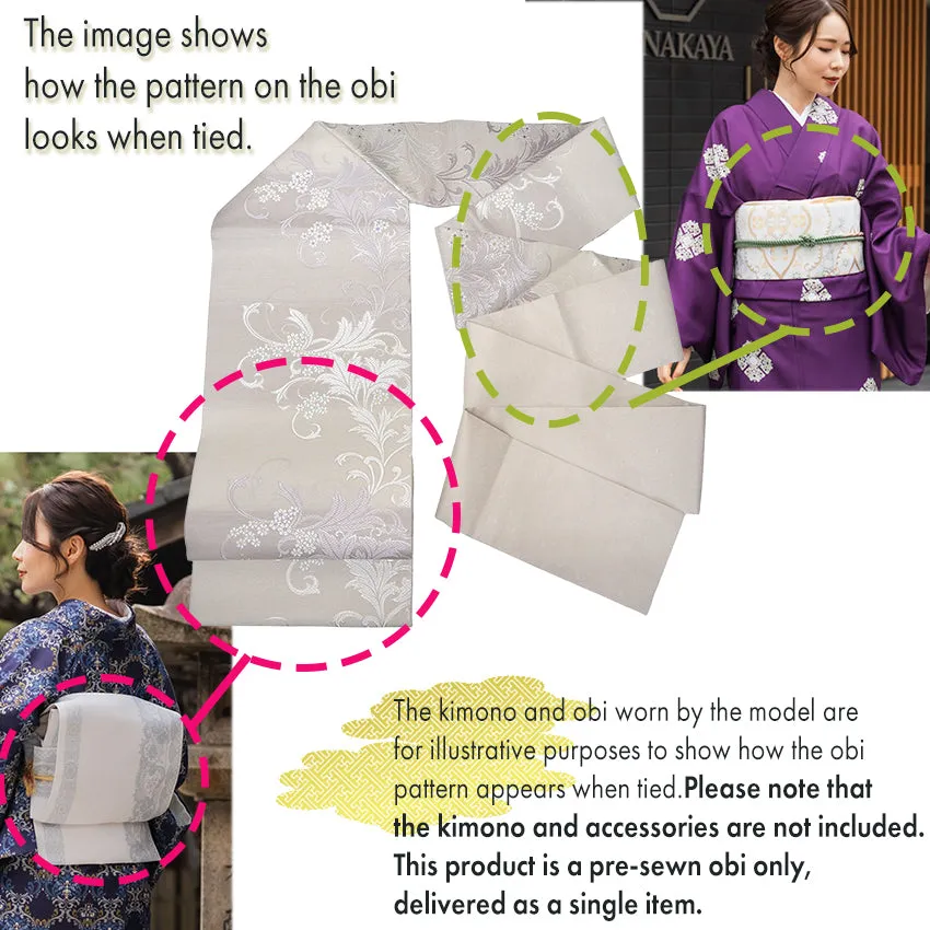 Silk Nishijin Nagoya Obi ,Light Purple with Horizontal Floral Sarasa