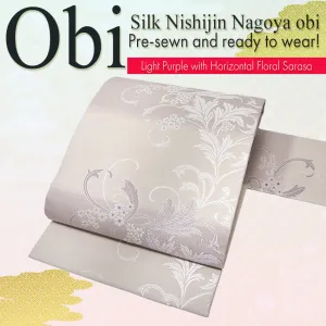 Silk Nishijin Nagoya Obi ,Light Purple with Horizontal Floral Sarasa