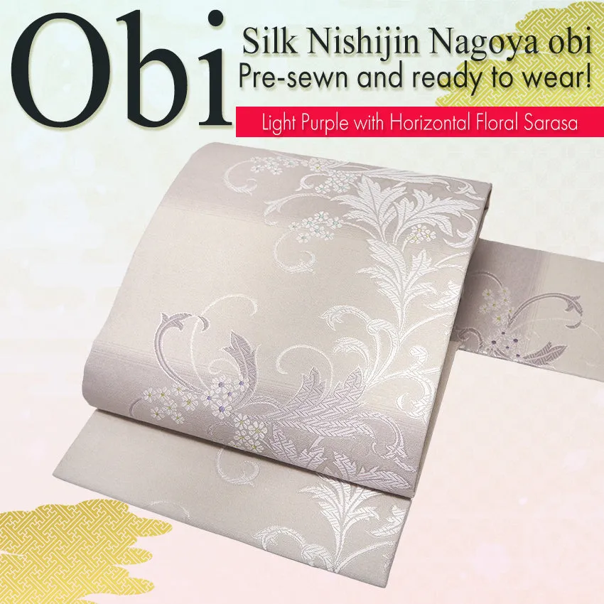 Silk Nishijin Nagoya Obi ,Light Purple with Horizontal Floral Sarasa