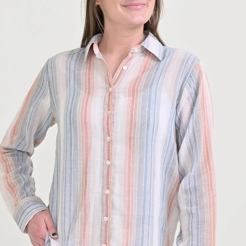 Slate & Blush Stripe Linen Button Down Blouse