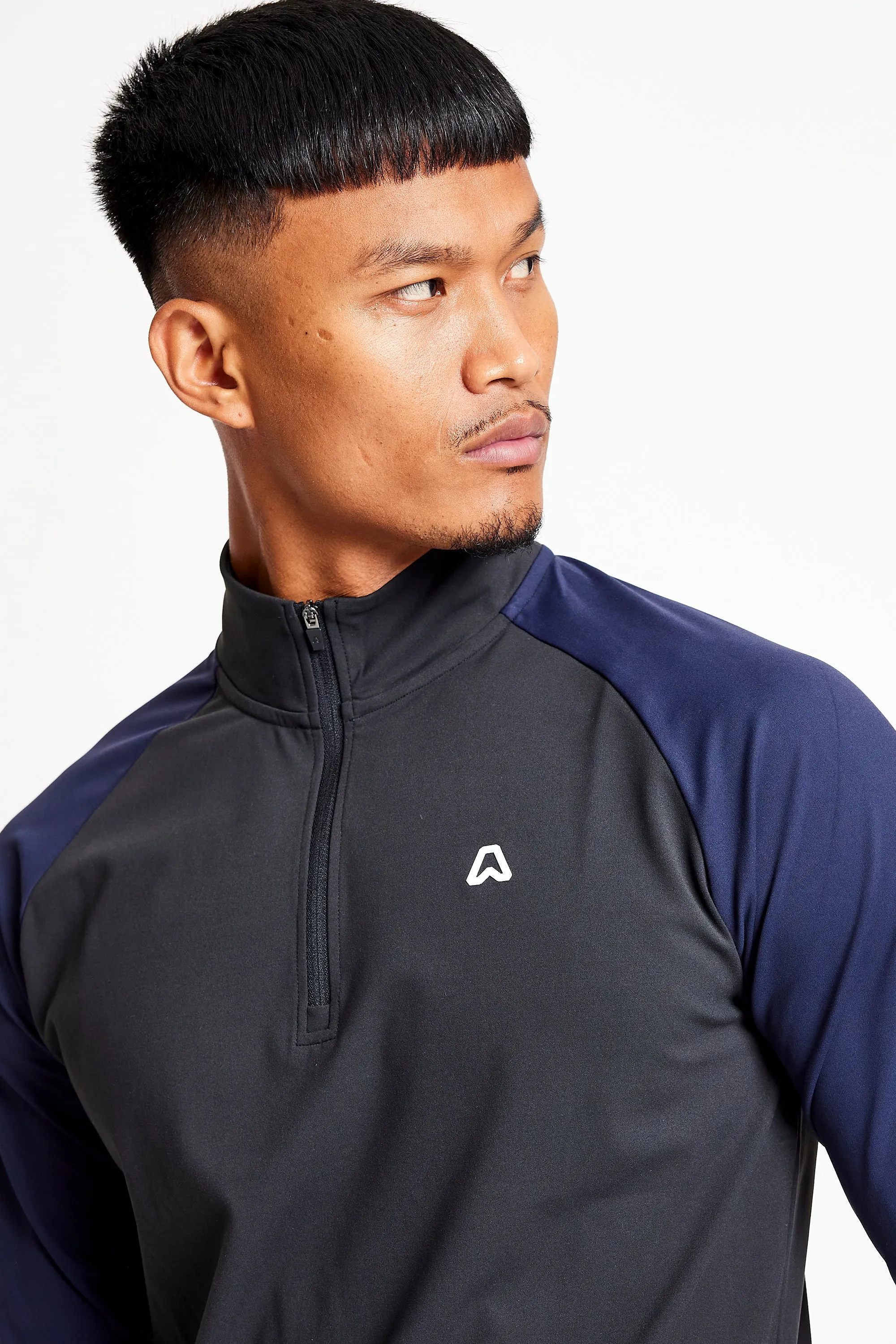 Slim Fit Contrast 1/4 Zip Top  - Putter Black / Ace Navy
