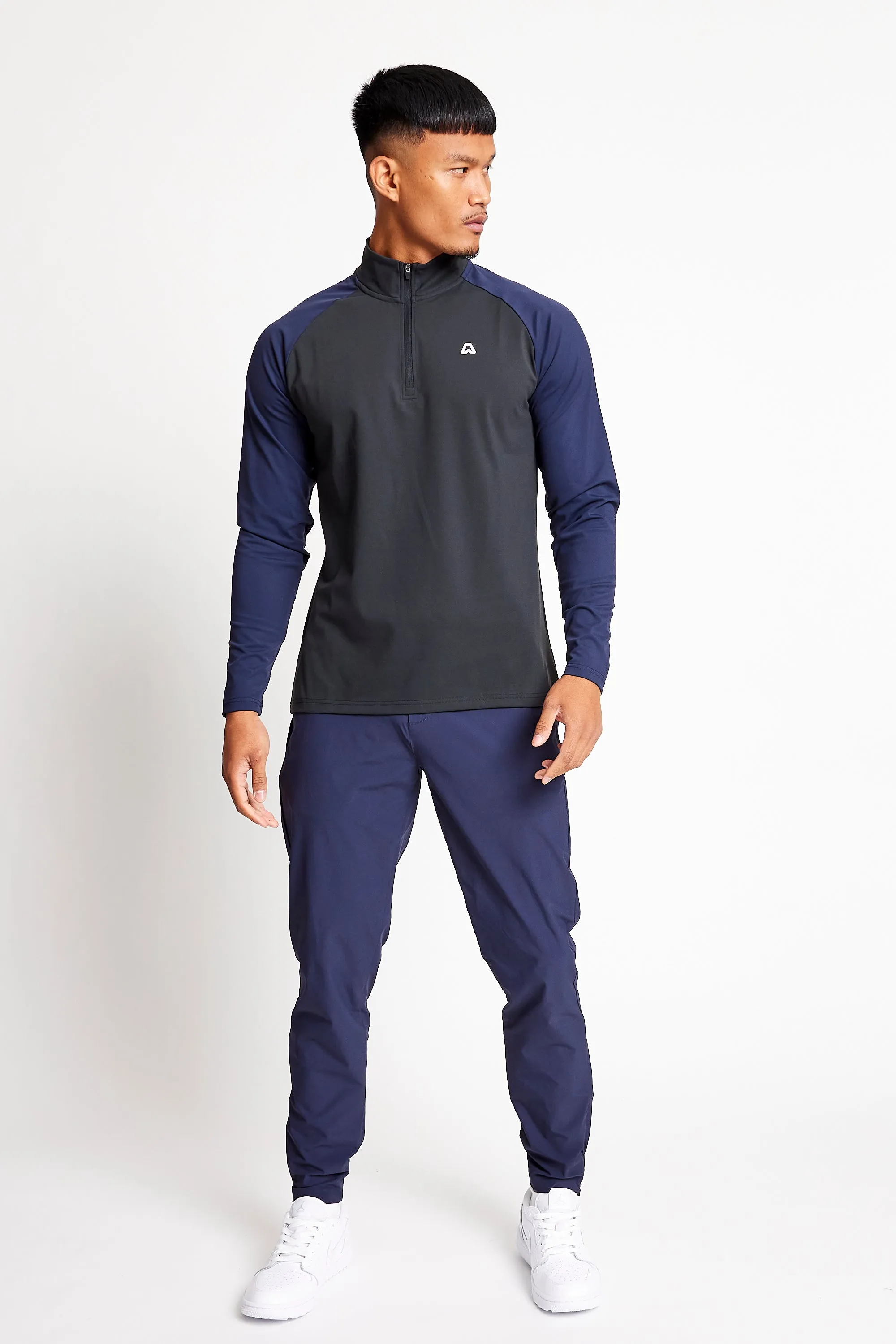 Slim Fit Contrast 1/4 Zip Top  - Putter Black / Ace Navy