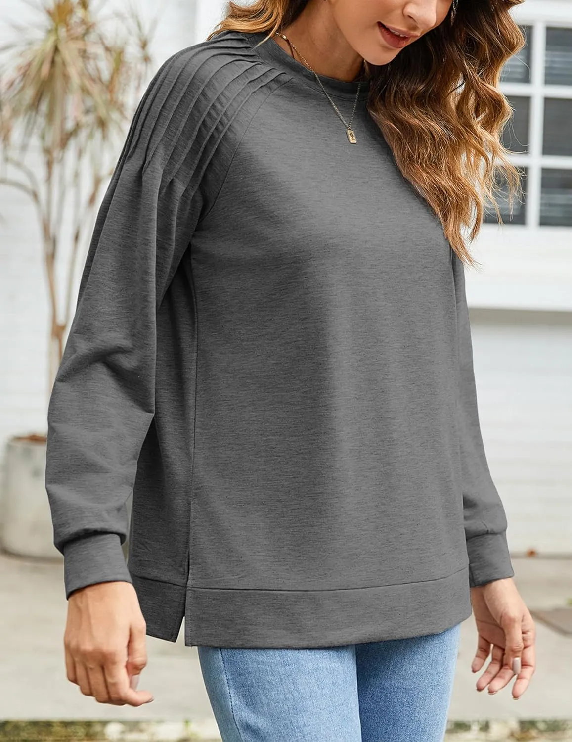 Zeagoo Tunic Tops for Women 2025 Spring Long Sleeve Shirts Dressy Casual Crewneck Pleated Cute Tops Side Split Sweatshirts