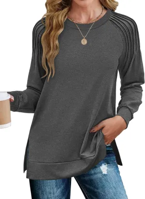 Zeagoo Tunic Tops for Women 2025 Spring Long Sleeve Shirts Dressy Casual Crewneck Pleated Cute Tops Side Split Sweatshirts