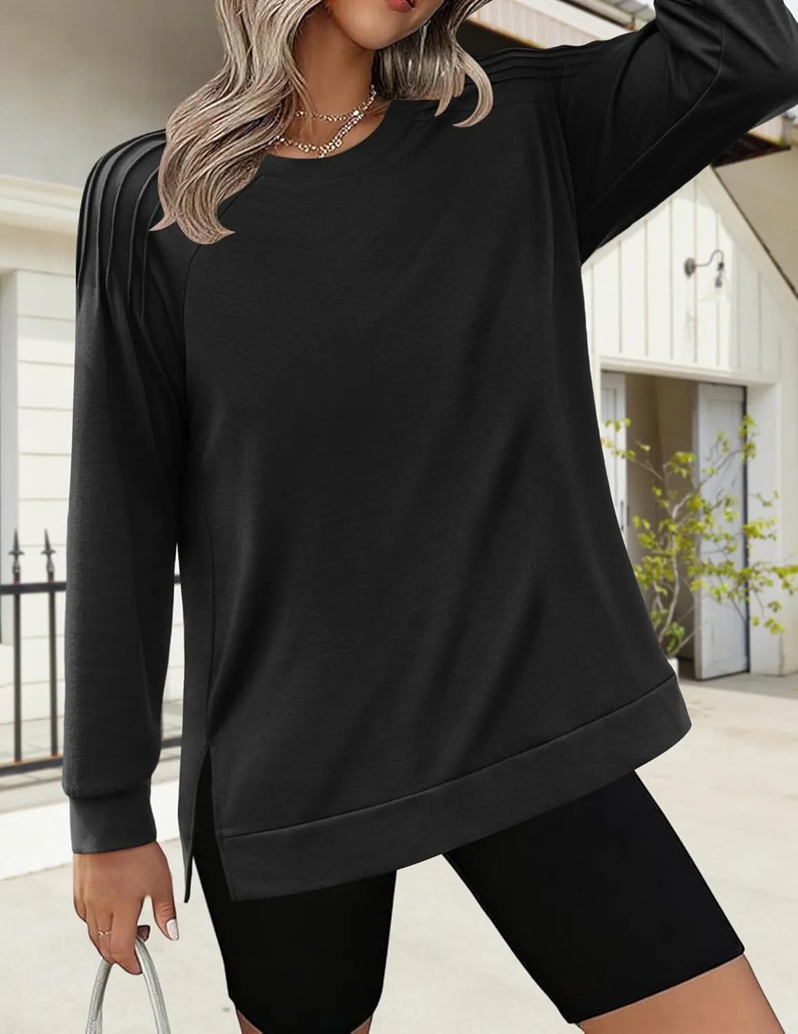 Zeagoo Tunic Tops for Women 2025 Spring Long Sleeve Shirts Dressy Casual Crewneck Pleated Cute Tops Side Split Sweatshirts