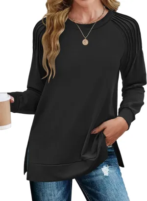 Zeagoo Tunic Tops for Women 2025 Spring Long Sleeve Shirts Dressy Casual Crewneck Pleated Cute Tops Side Split Sweatshirts