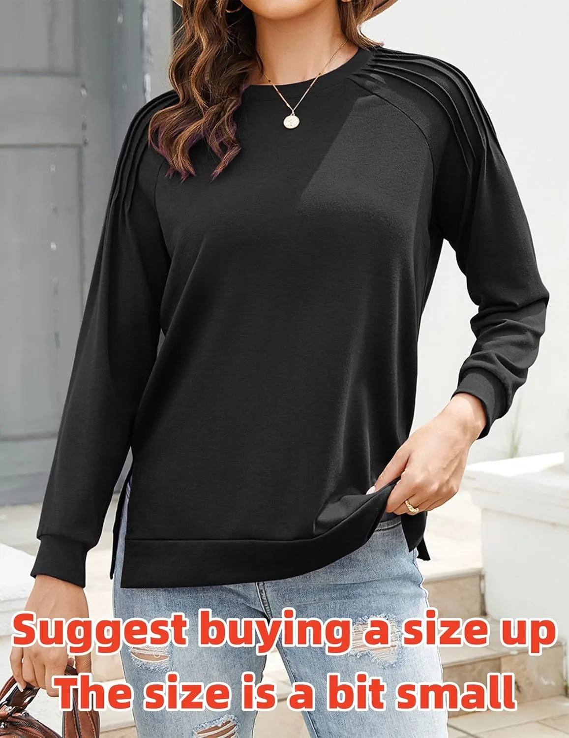 Zeagoo Tunic Tops for Women 2025 Spring Long Sleeve Shirts Dressy Casual Crewneck Pleated Cute Tops Side Split Sweatshirts